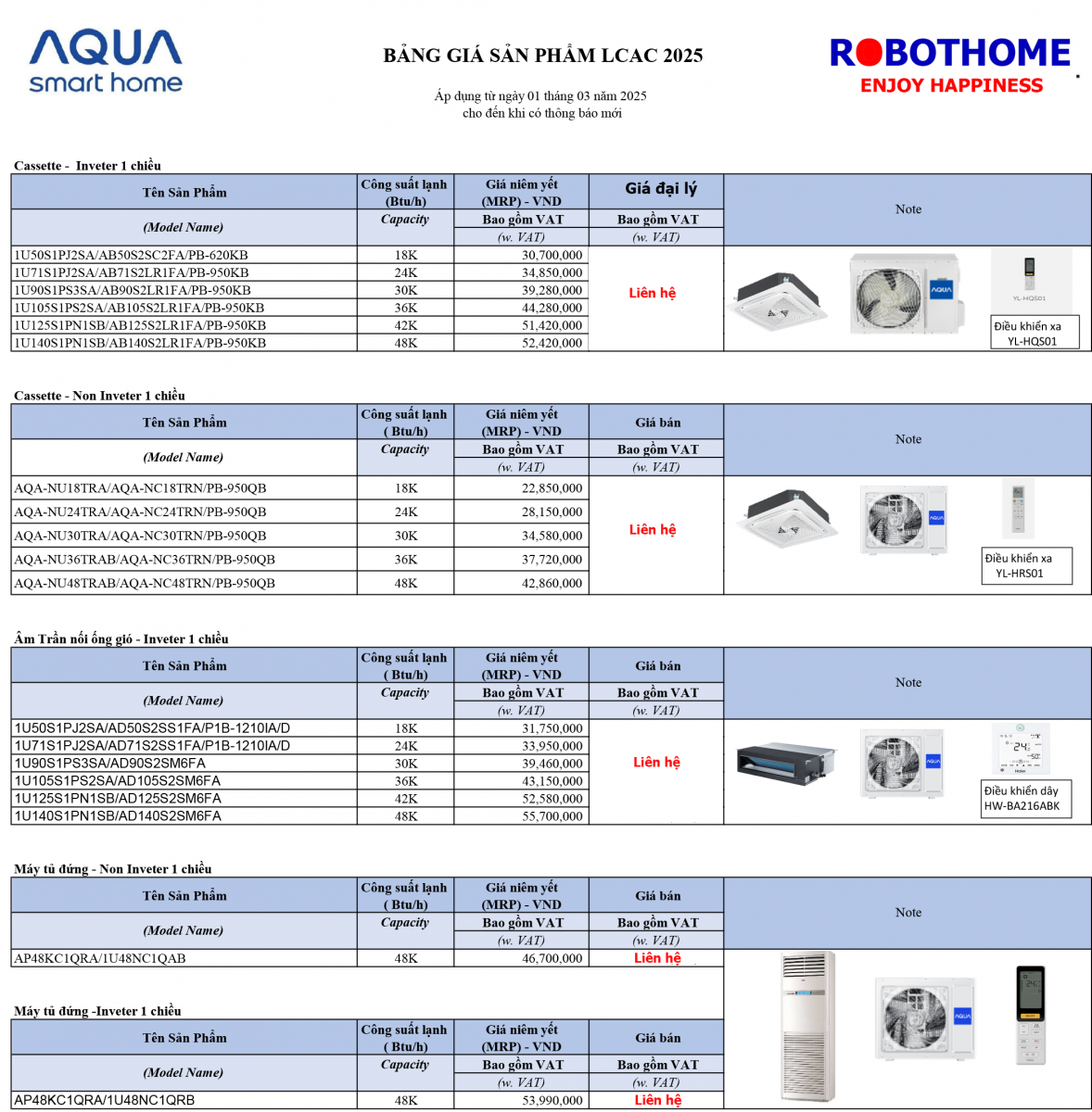 bảng giá điều hòa Aqua